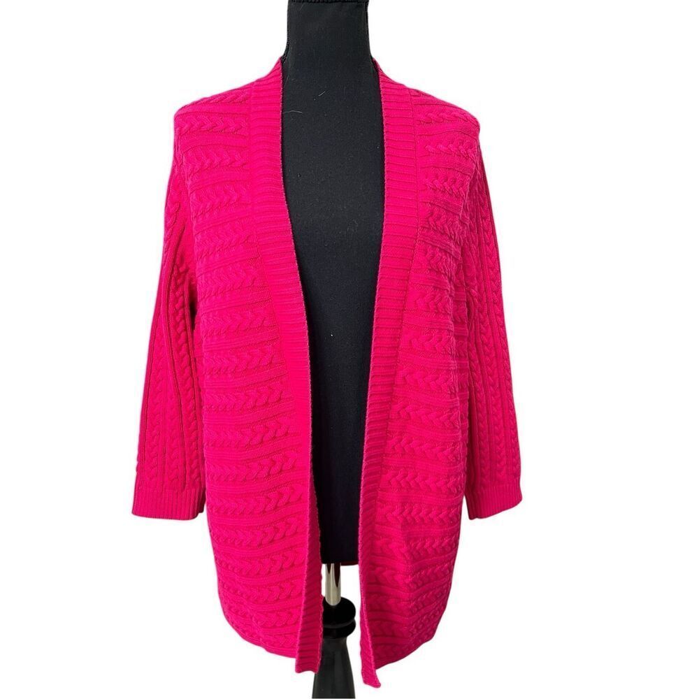 TALBOTS XL Pink magenta Cable Knit Open Front Cardigan 100% Cotton New